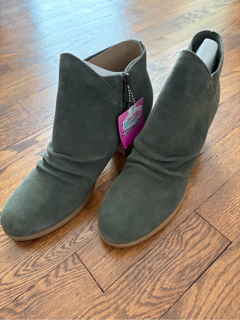 Skechers Olive Green Suede Ankle Boots Zipper Wood Block Heel Size US 9.5 NEW